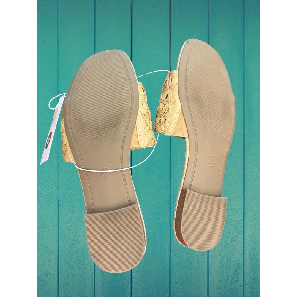 A New Day Tan Arabella Woven Slide Sandals Womens 10 Straw Raffia Flat Slides